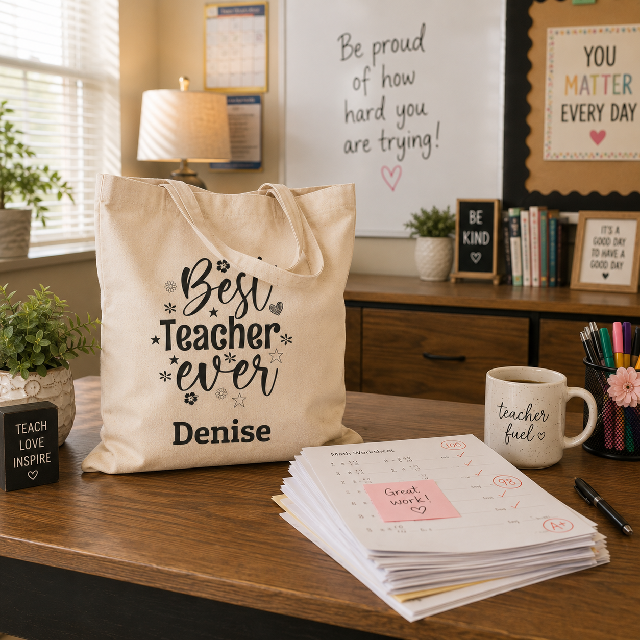 Best Teacher Ever personalized tote shown held by the handles