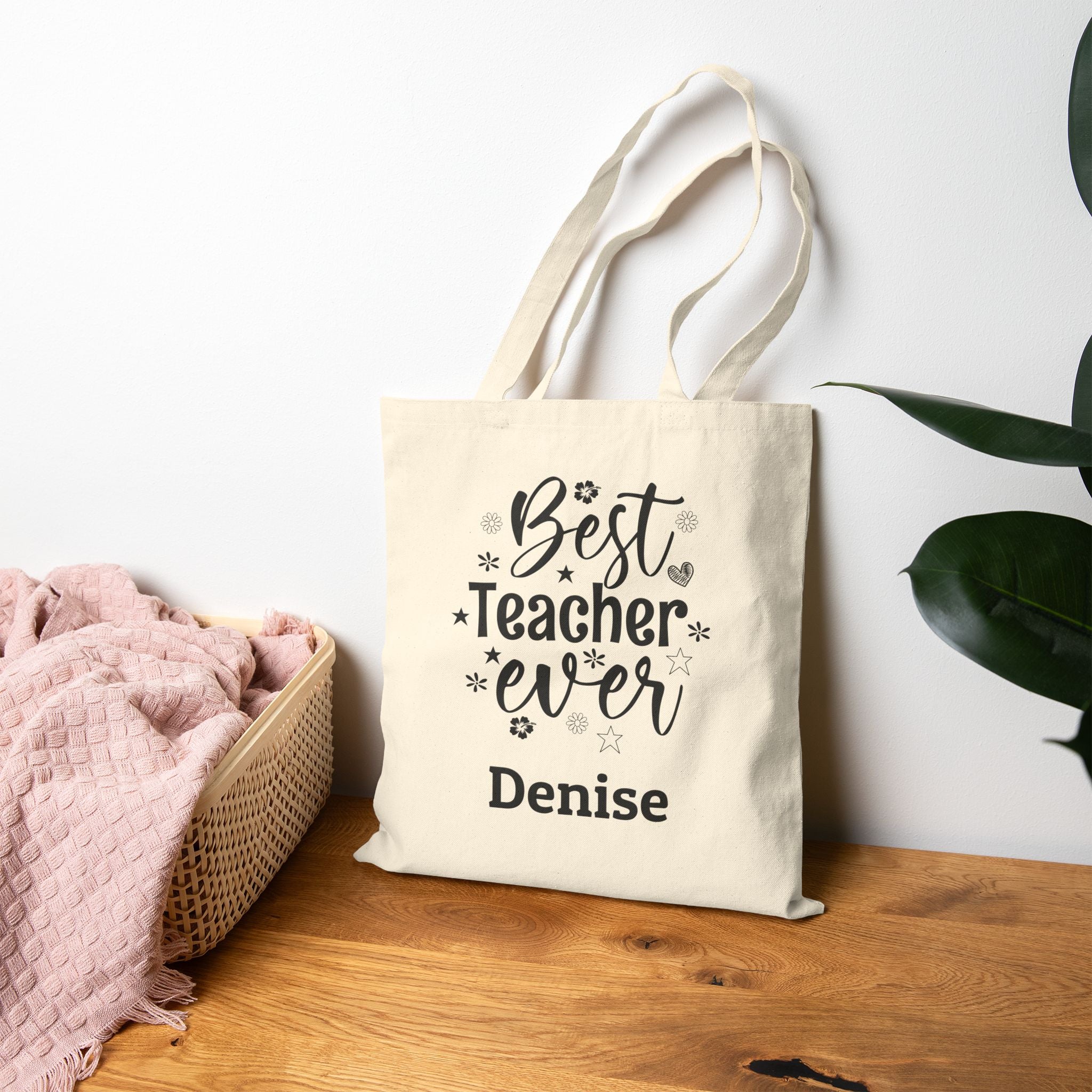 Natural canvas Best Teacher Ever tote bag in a home setting