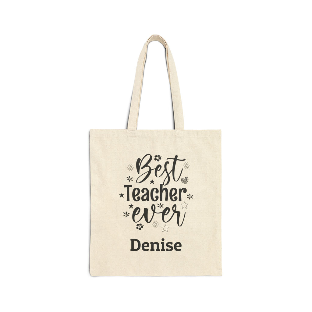 Personalized Best Teacher Ever canvas tote bag with floral script and custom name