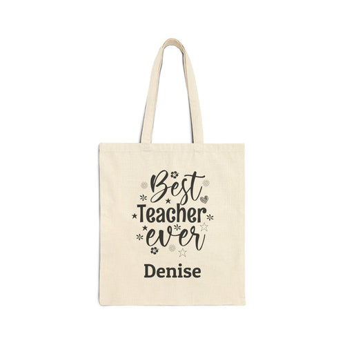 Personalized Best Teacher Ever canvas tote bag with floral script and custom name