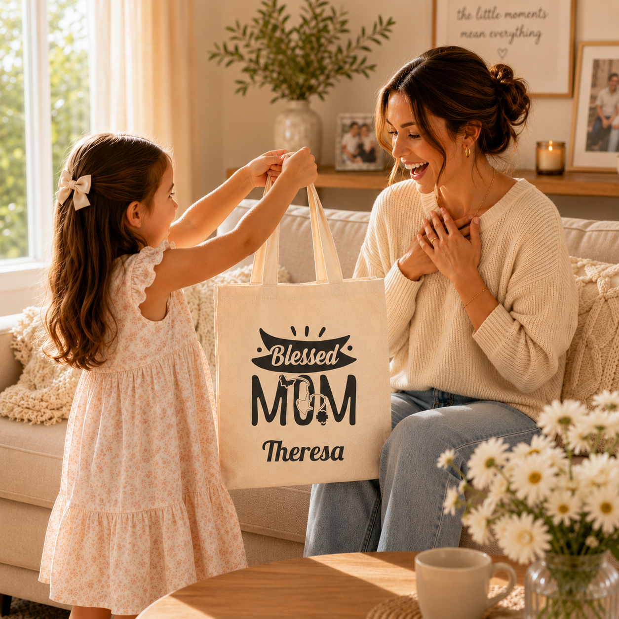 Blessed Mom tote design close-up with butterfly and floral accents