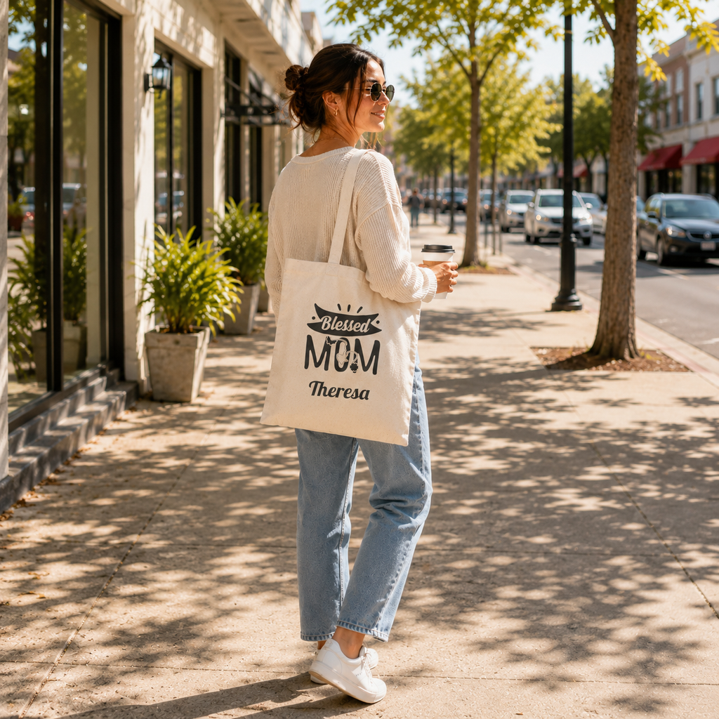 Blessed Mom personalized tote shown held by the handles