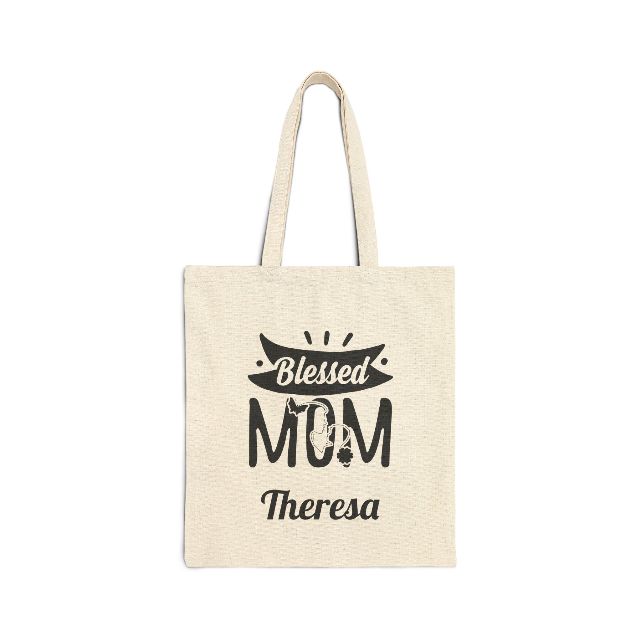 Personalized Blessed Mom canvas tote bag with floral design and custom name