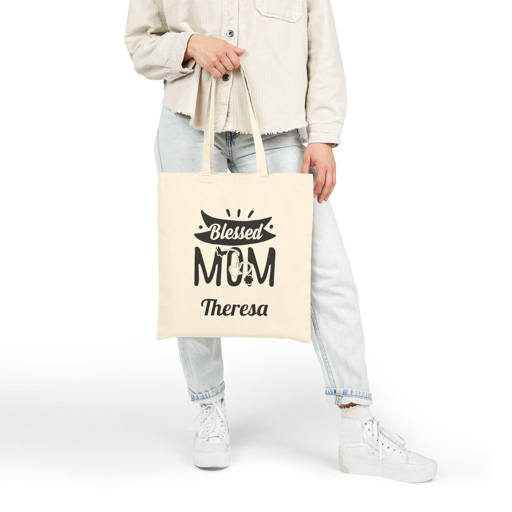 Blessed Mom tote bag carried on the shoulder