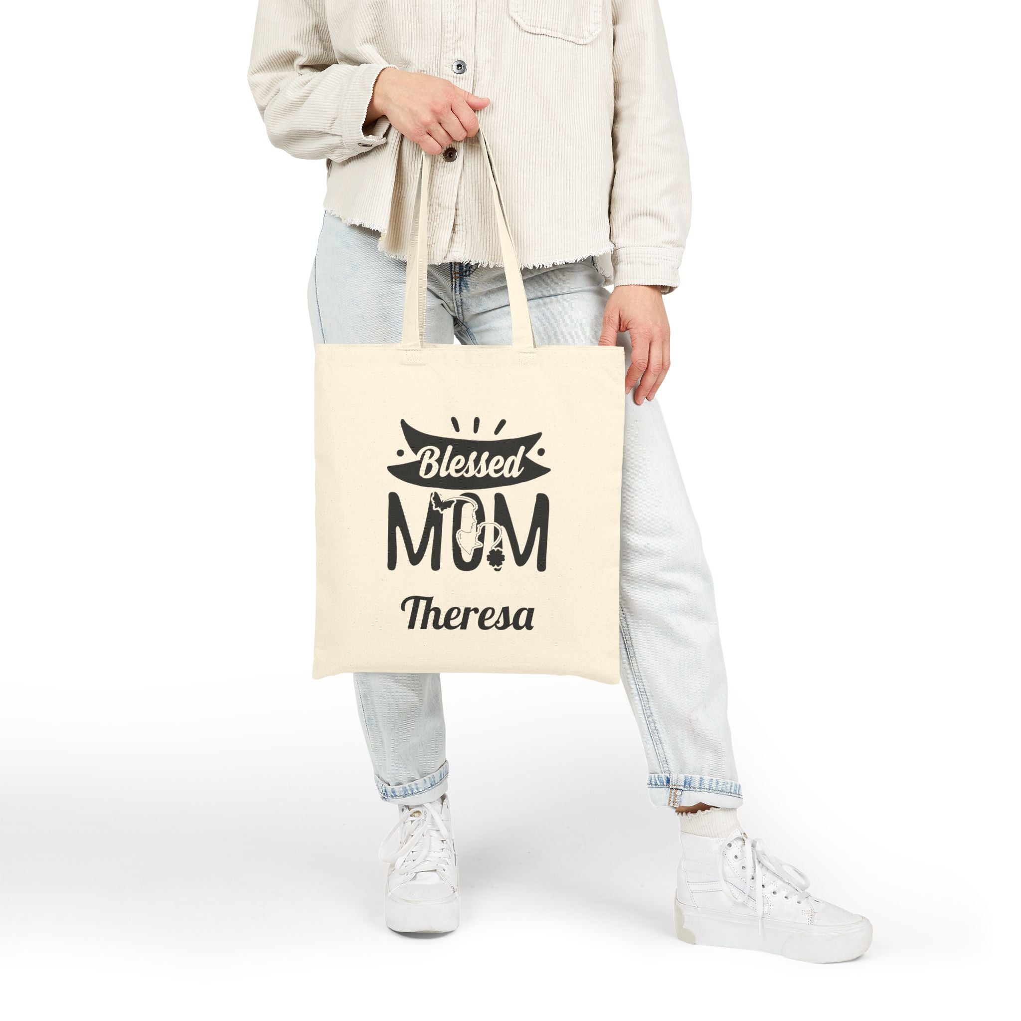 Blessed Mom tote bag carried on the shoulder