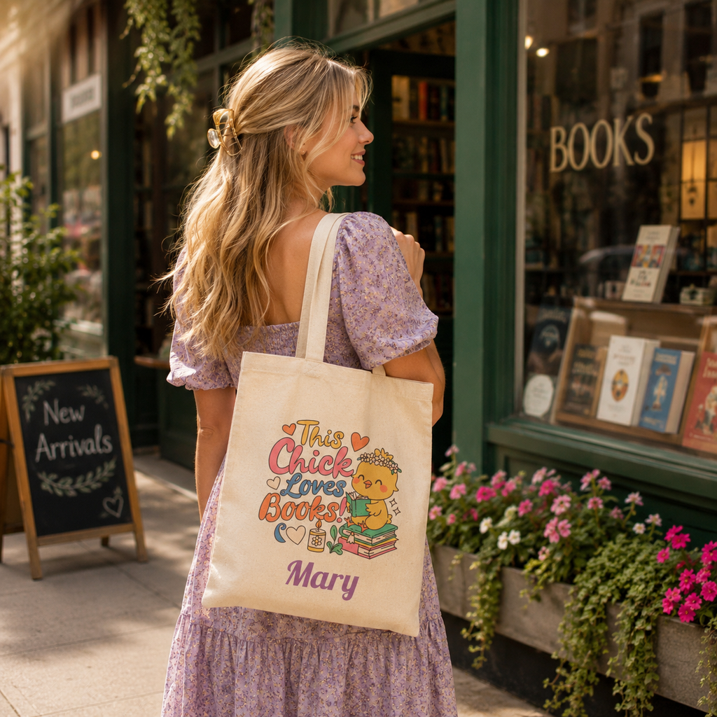 This Chick Loves Books tote design close-up with chick and books