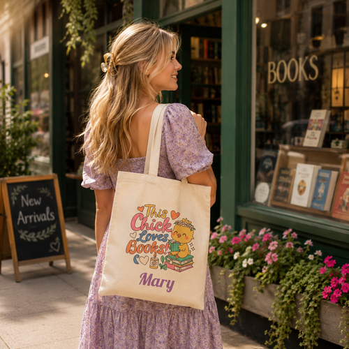 This Chick Loves Books tote design close-up with chick and books