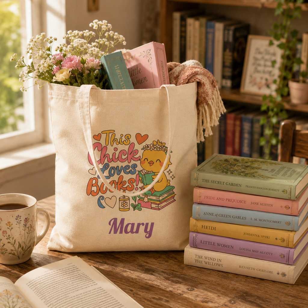 Book lover personalized tote shown held by the handles