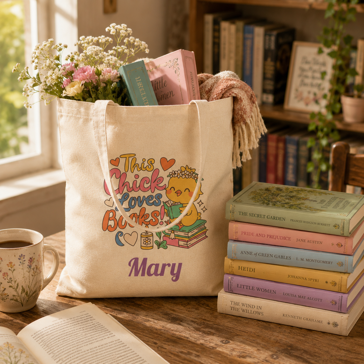 Book lover personalized tote shown held by the handles