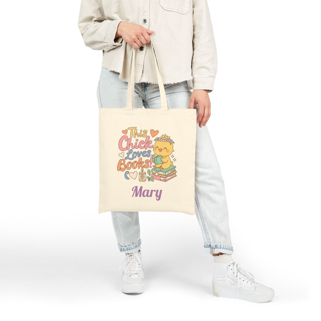 Natural canvas book lover tote bag in a home setting