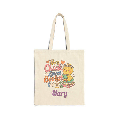 Personalized book lover canvas tote bag with reading chick design and custom name