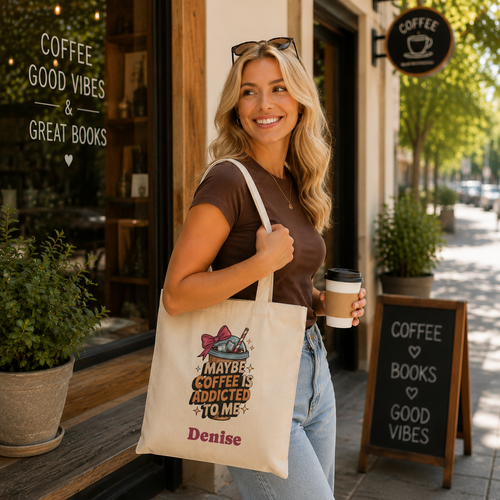 Coffee lover tote design close-up with bow-topped iced coffee