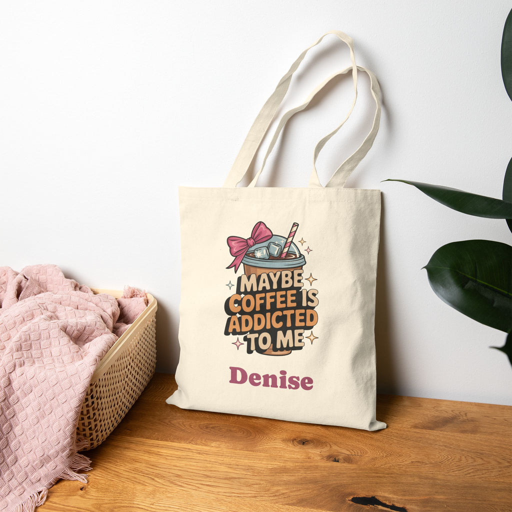 Natural canvas coffee lover tote bag in a home setting