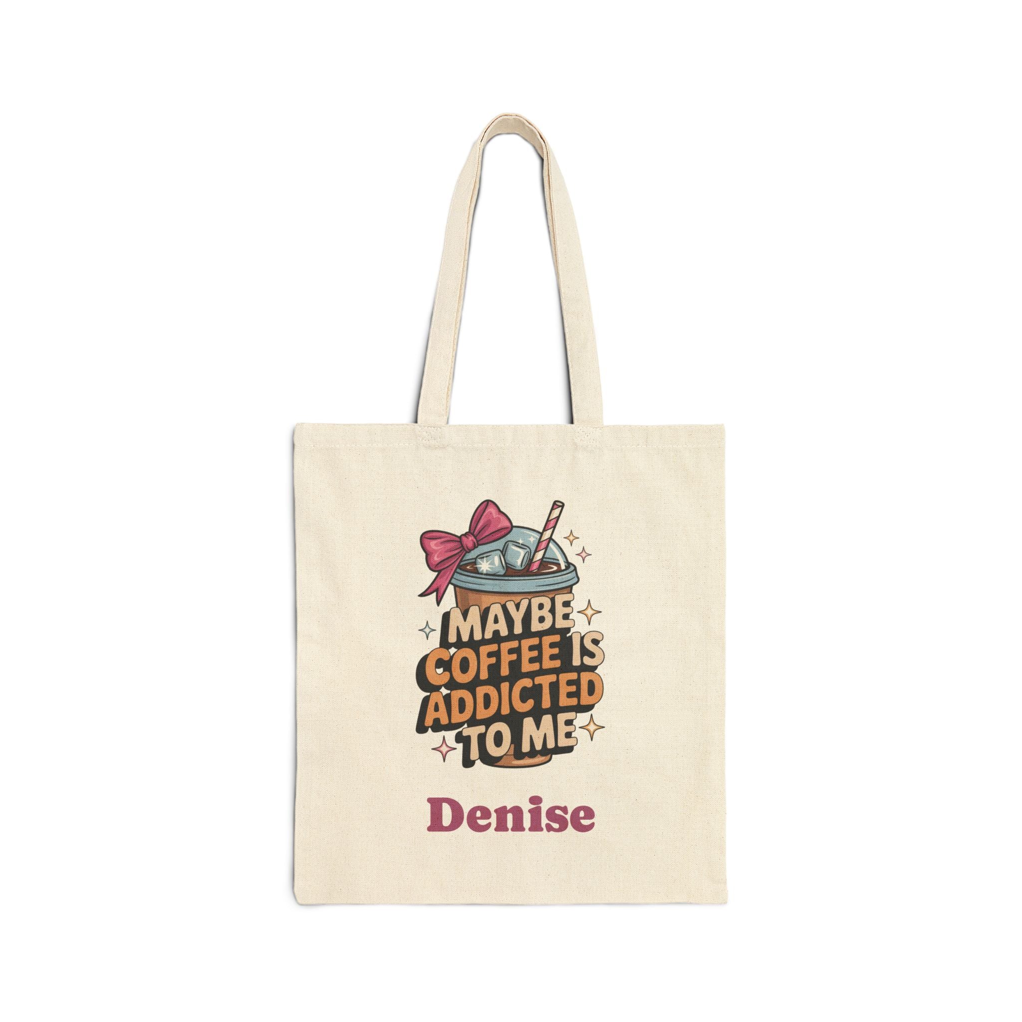 Personalized coffee lover canvas tote bag with iced coffee design and custom name