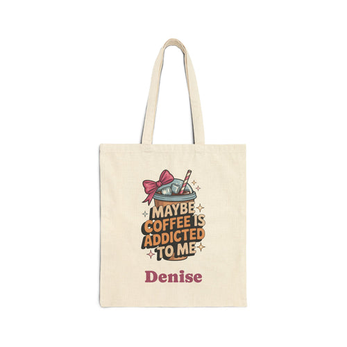 Personalized coffee lover canvas tote bag with iced coffee design and custom name