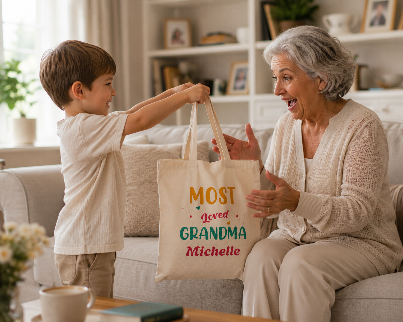 Most Loved Grandma colorful tote design close-up with hearts