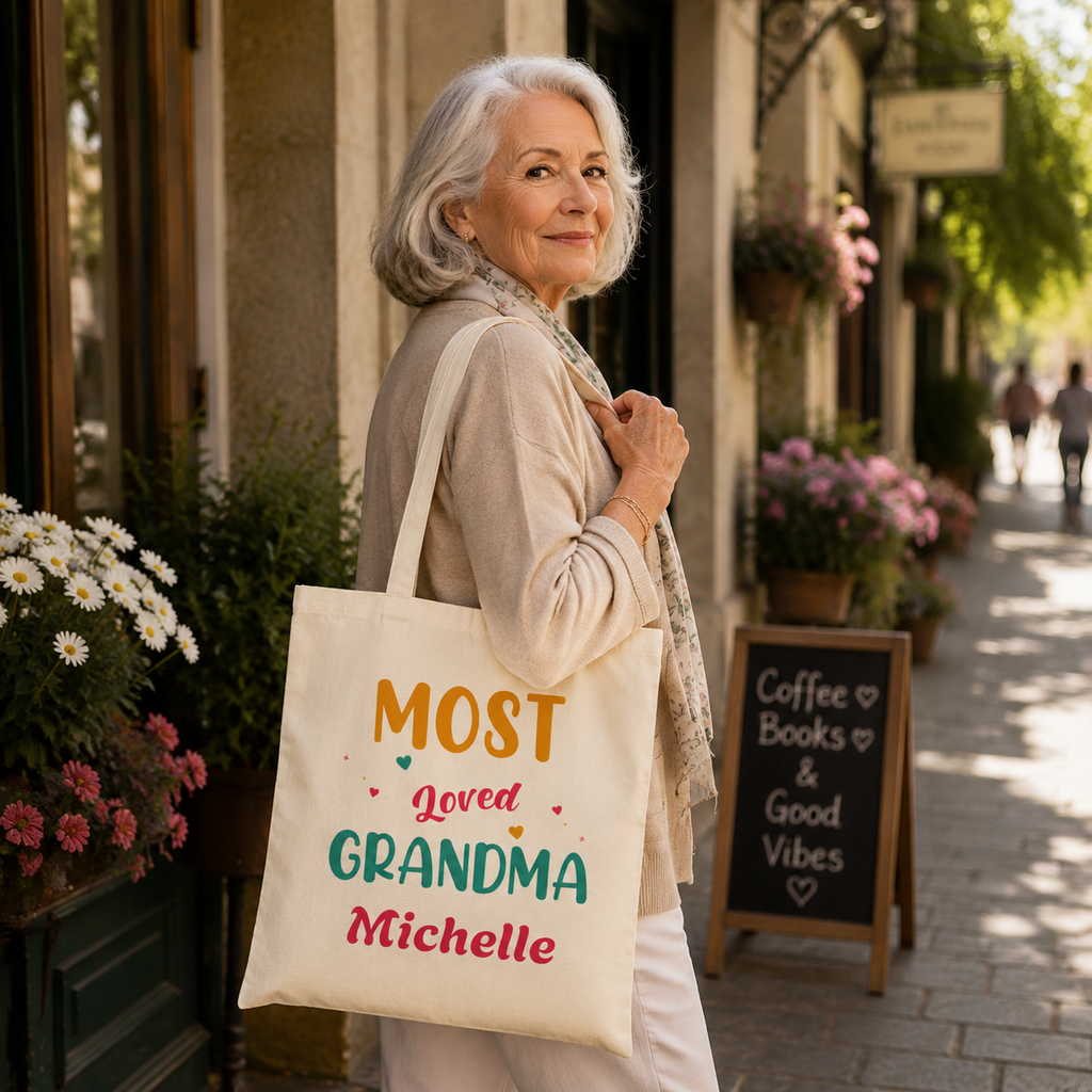 Colorful Grandma personalized tote shown held by the handles