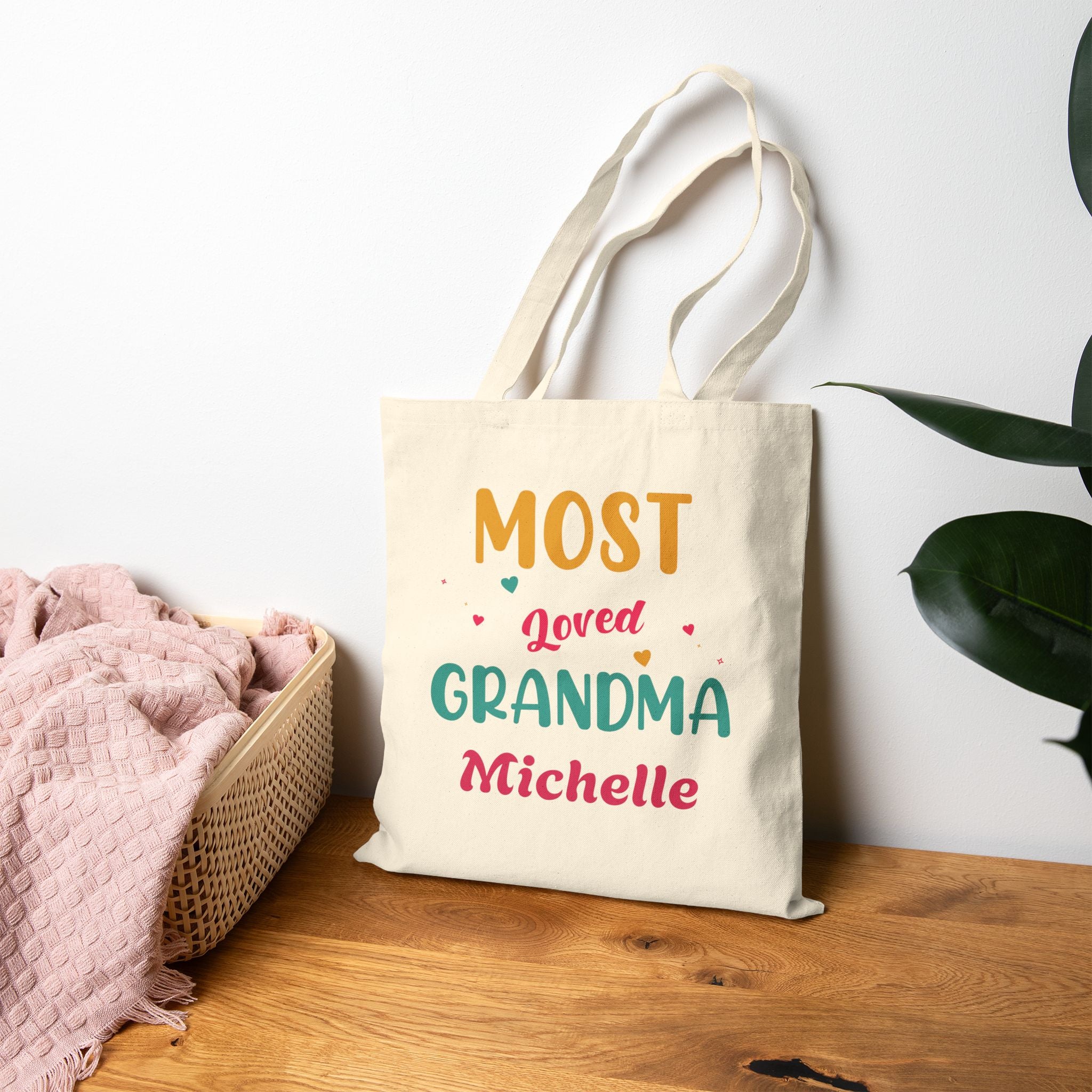 Natural canvas colorful Grandma tote bag in a home setting
