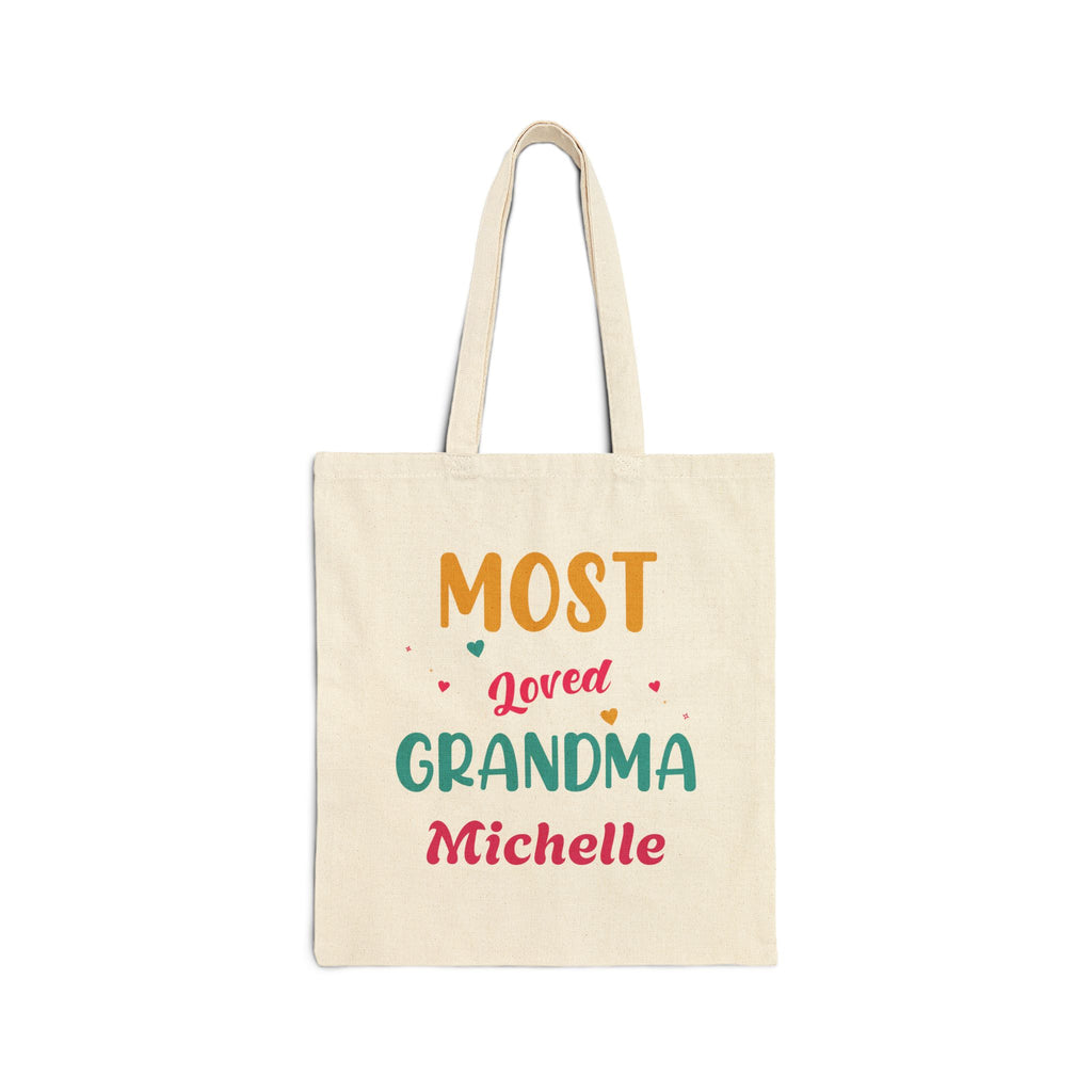 Personalized Most Loved Grandma canvas tote bag with colorful lettering and custom name