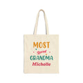 Personalized Most Loved Grandma canvas tote bag with colorful lettering and custom name