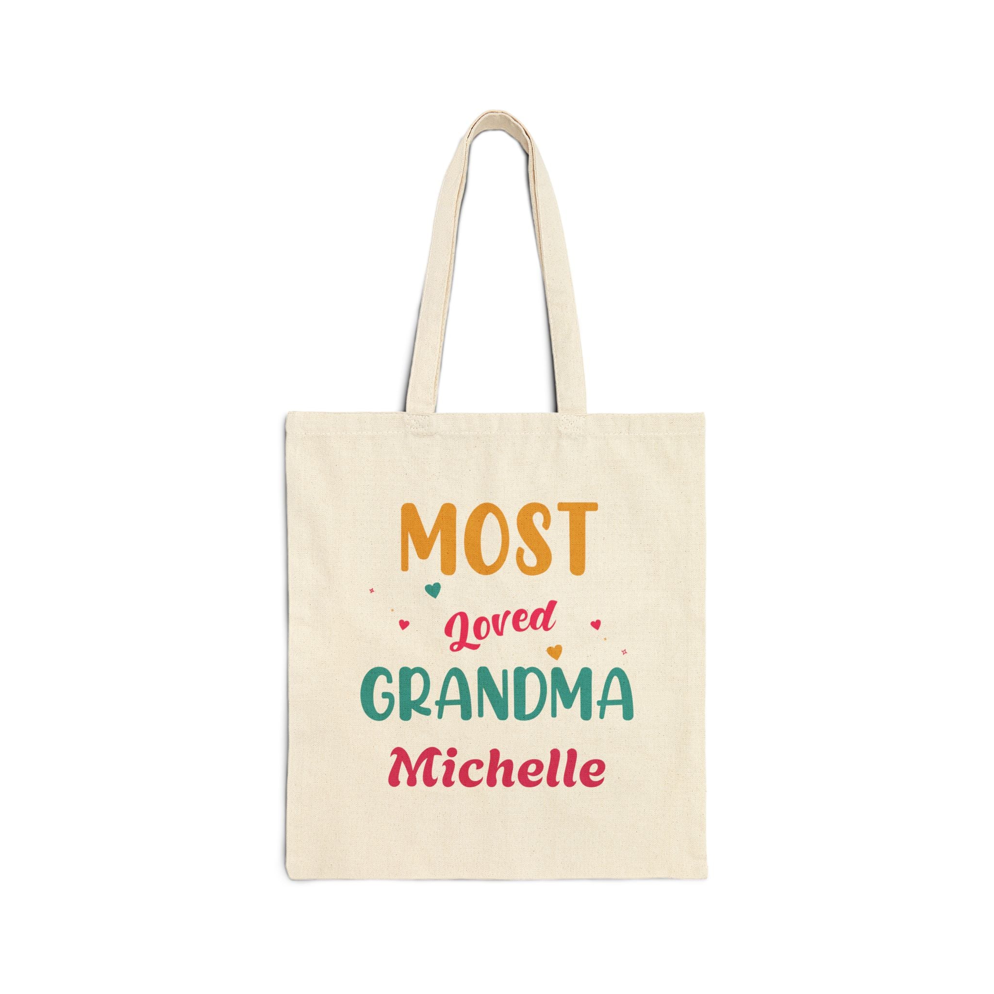 Personalized Most Loved Grandma canvas tote bag with colorful lettering and custom name
