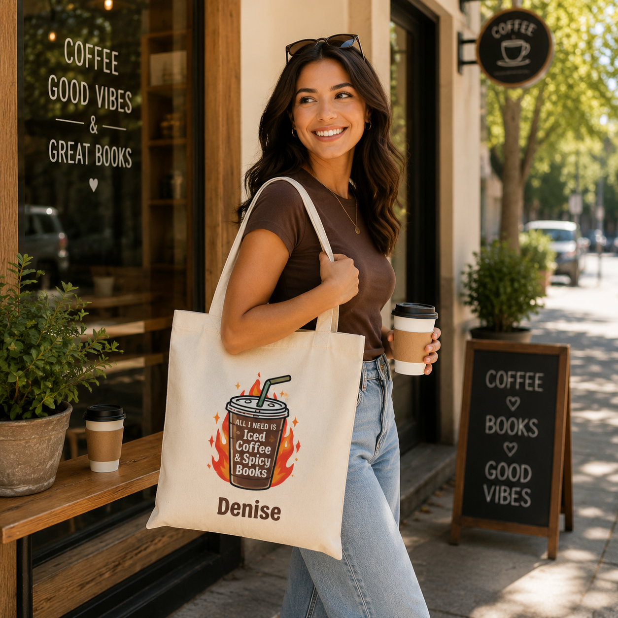 Iced Coffee and Spicy Books tote design close-up with flames