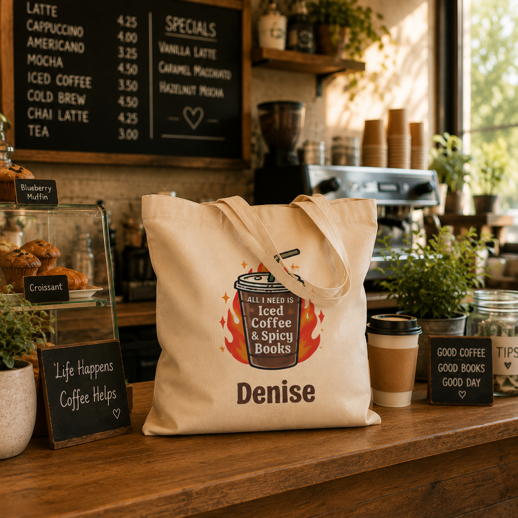 Iced coffee and books personalized tote shown held by the handles