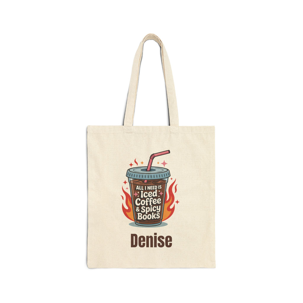 Personalized iced coffee and spicy books canvas tote bag with custom name