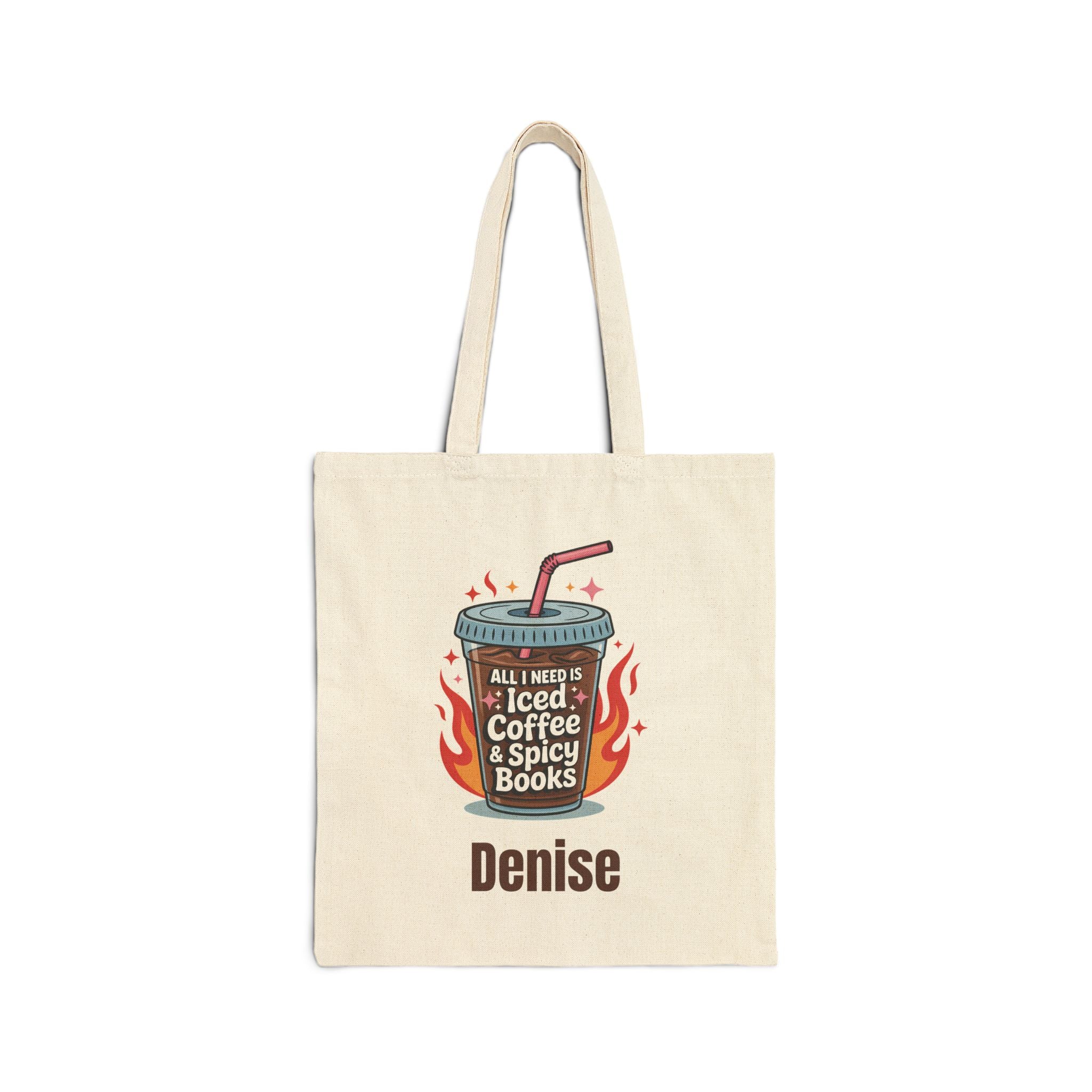 Personalized iced coffee and spicy books canvas tote bag with custom name