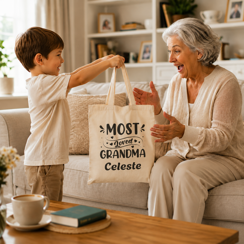 Most Loved Grandma tote design close-up with hand-lettering and hearts