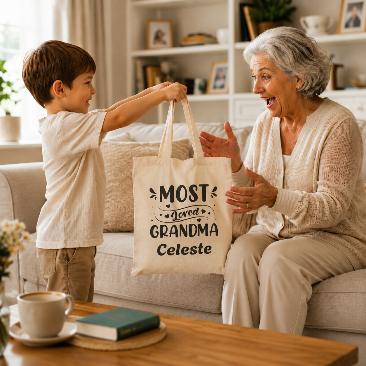 Most Loved Grandma tote design close-up with hand-lettering and hearts