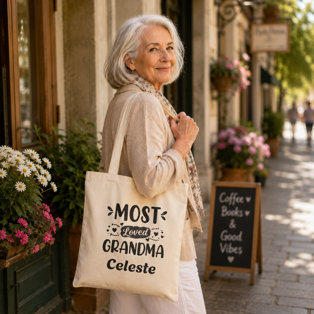 Most Loved Grandma personalized tote shown held by the handles