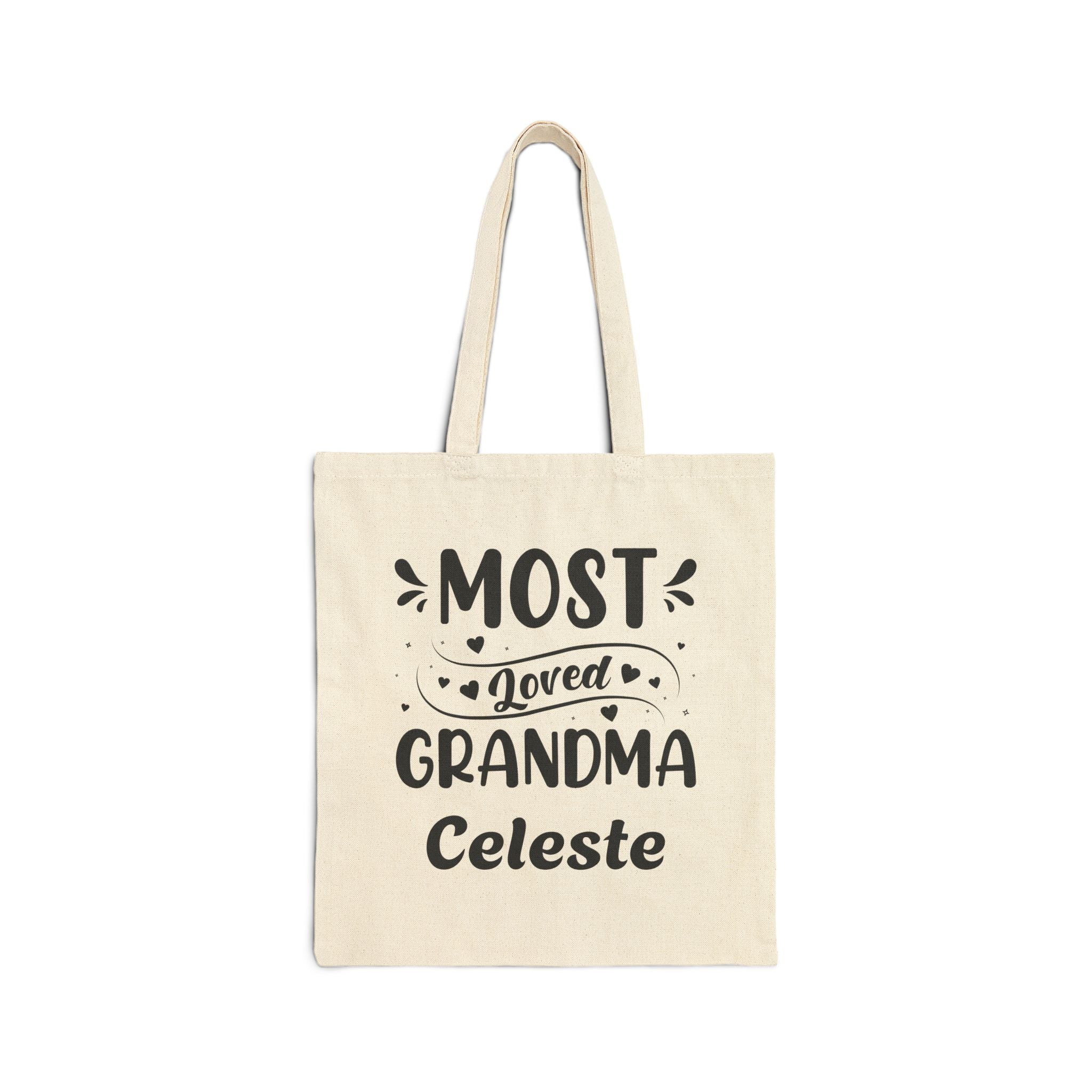 Personalized Most Loved Grandma canvas tote bag with hearts design and custom name