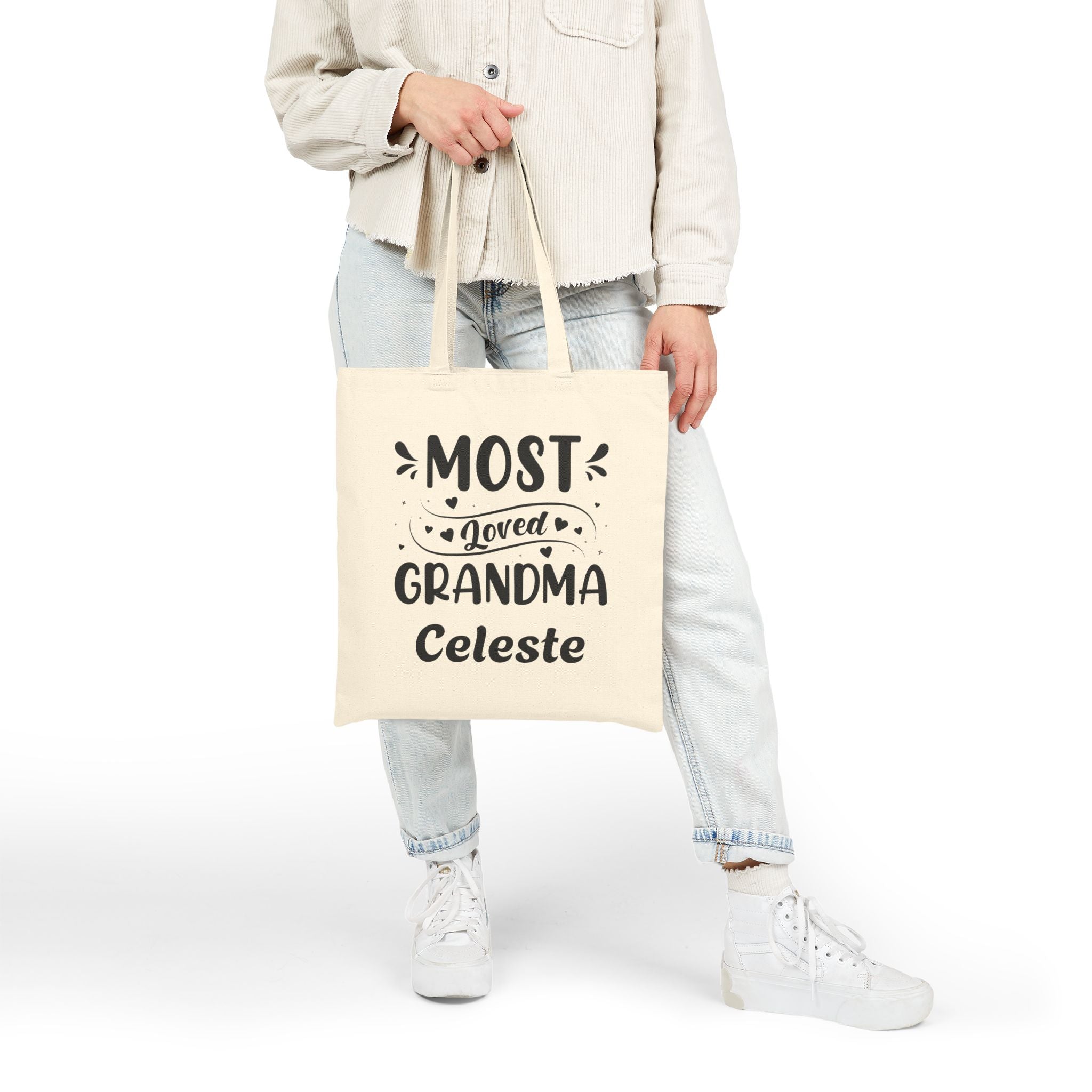 Most Loved Grandma tote bag carried on the shoulder