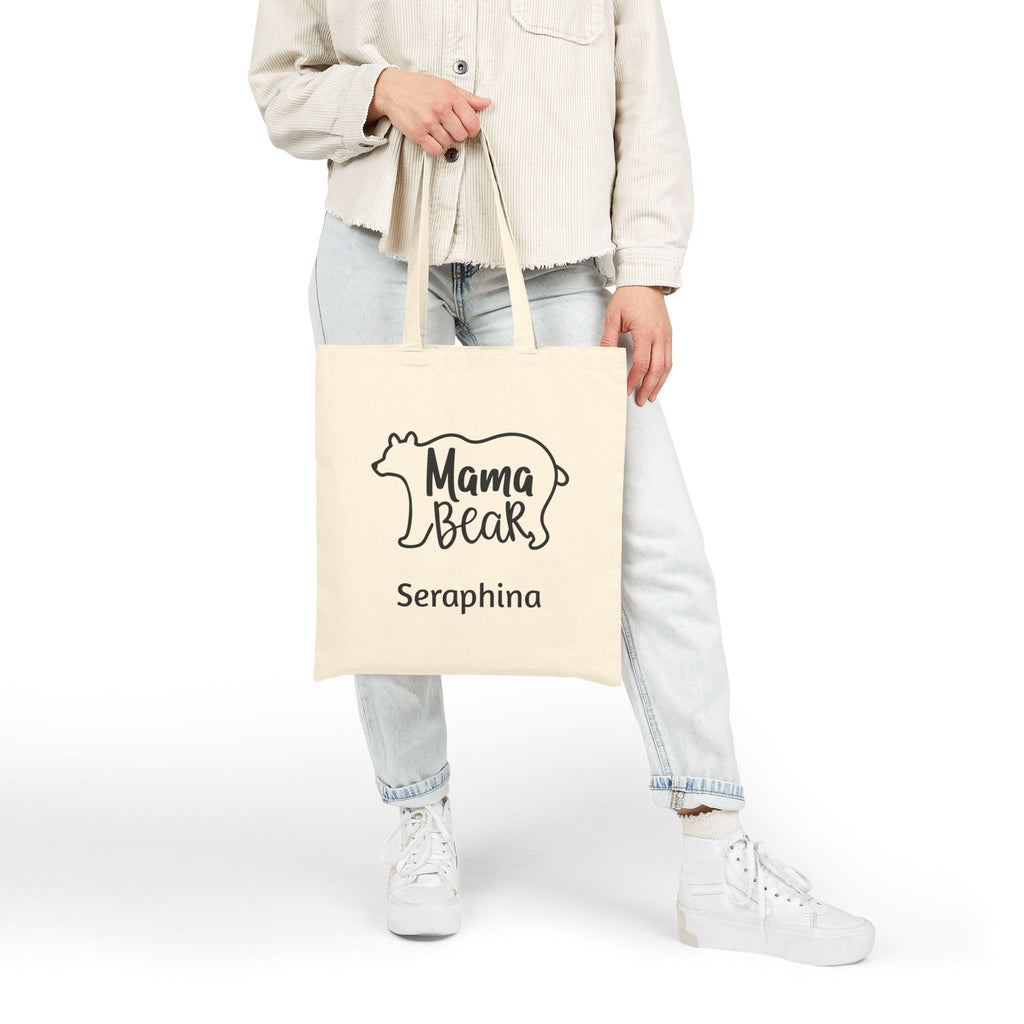 Natural cotton canvas Mama Bear tote bag shown in a home setting
