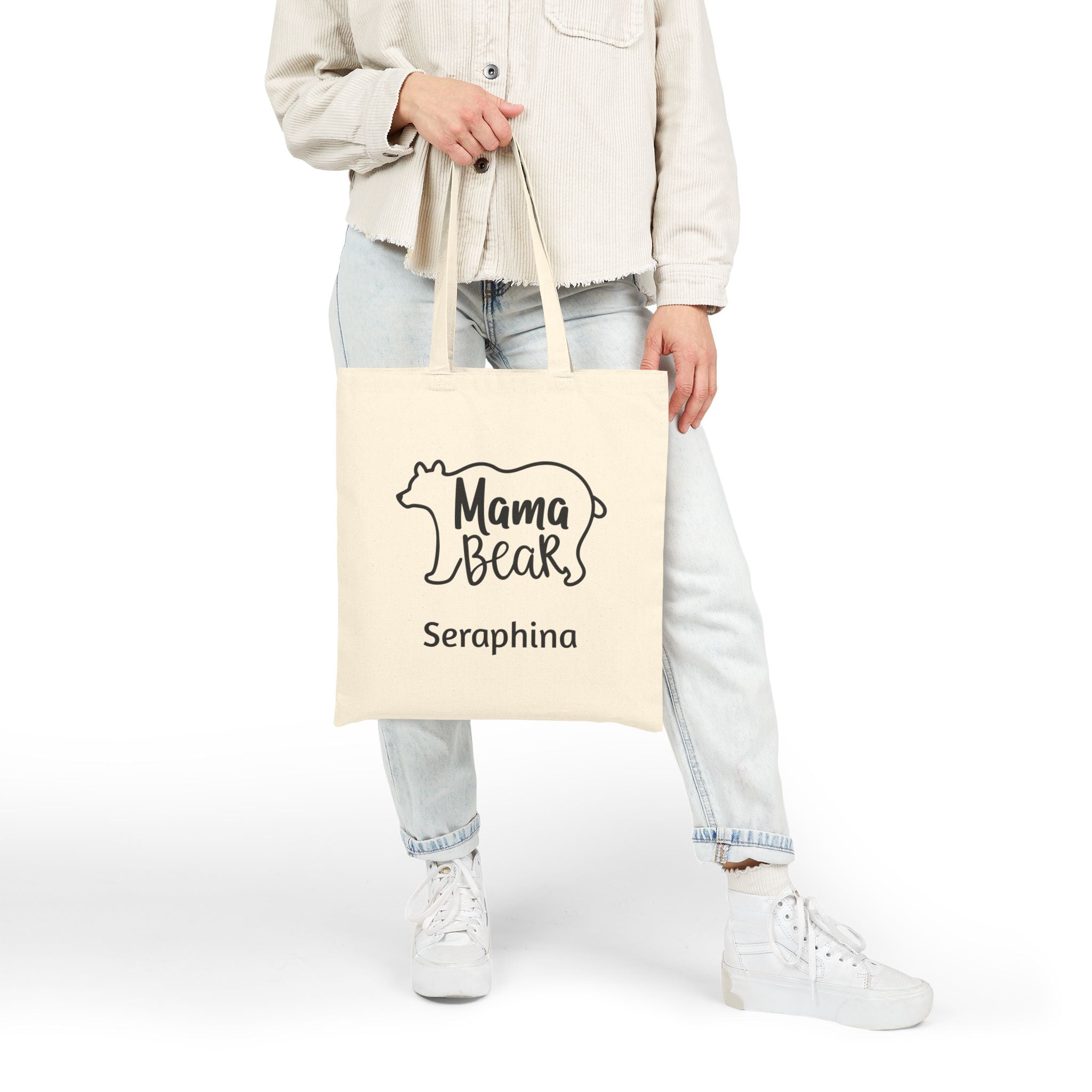 Natural cotton canvas Mama Bear tote bag shown in a home setting