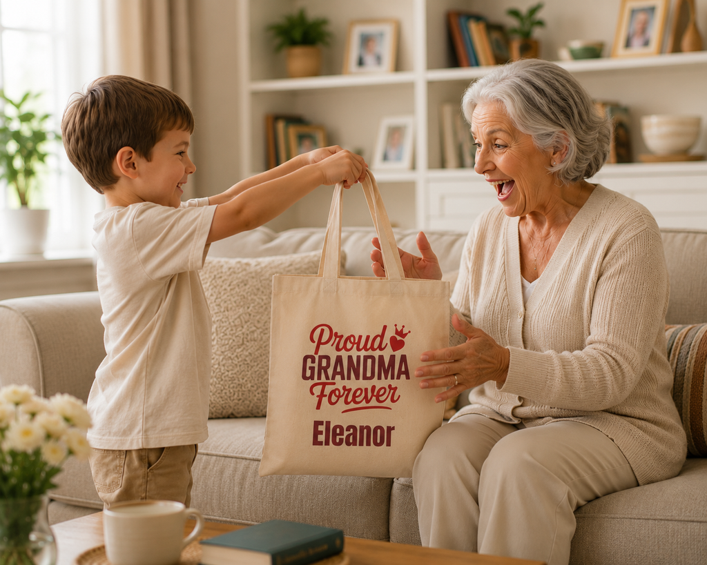 Proud Grandma Forever tote design close-up with crowned heart