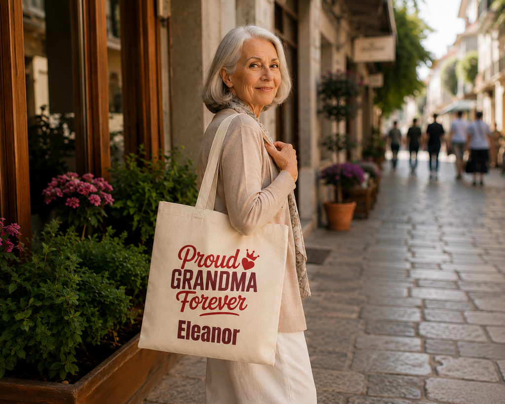 Proud Grandma Forever personalized tote shown held by the handles
