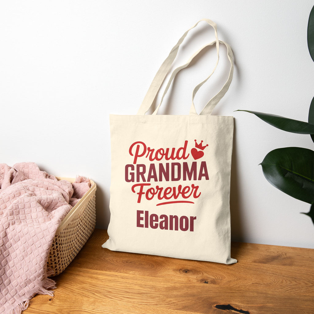 Natural canvas Proud Grandma Forever tote bag in a home setting