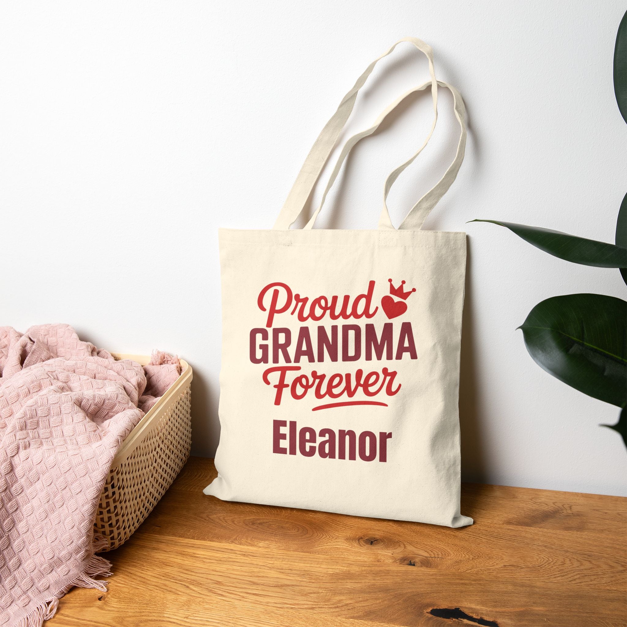 Natural canvas Proud Grandma Forever tote bag in a home setting
