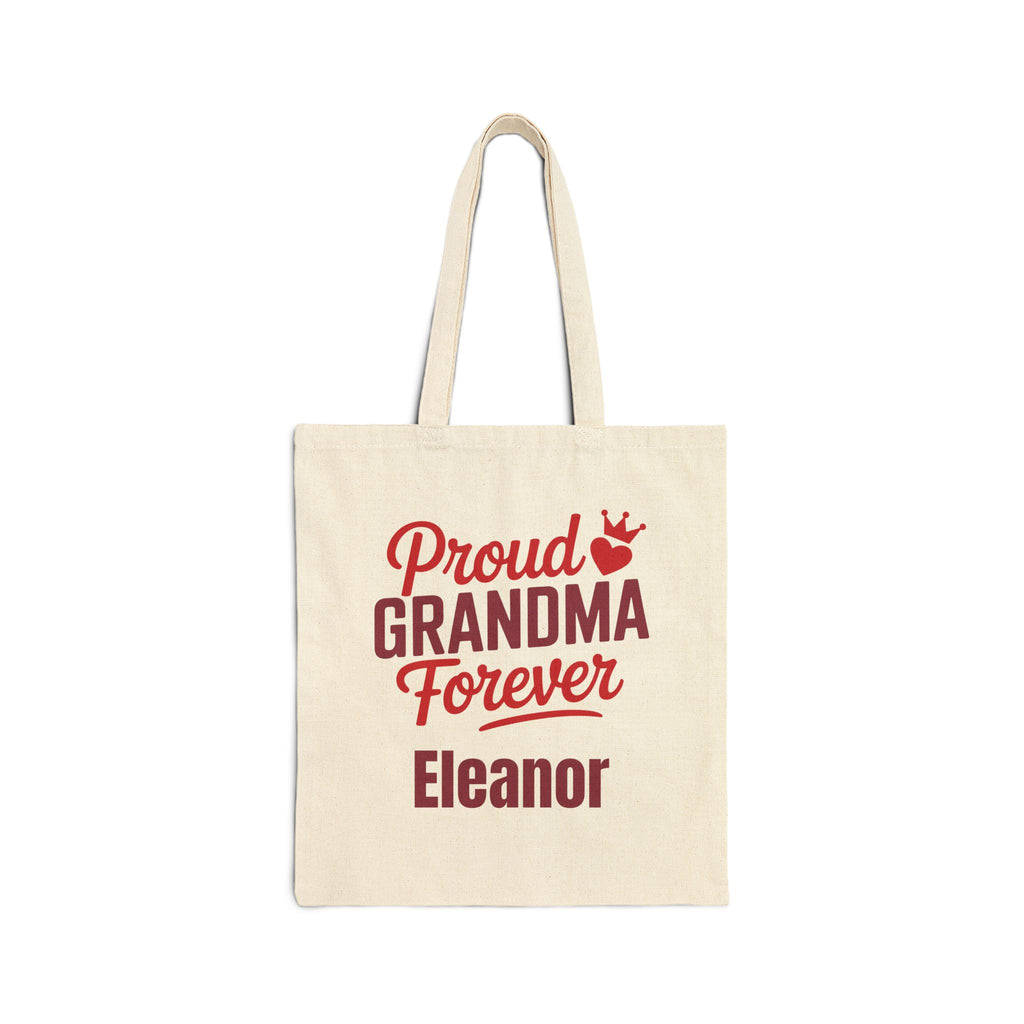 Personalized Proud Grandma Forever canvas tote bag with red lettering and custom name