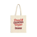 Personalized Proud Grandma Forever canvas tote bag with red lettering and custom name