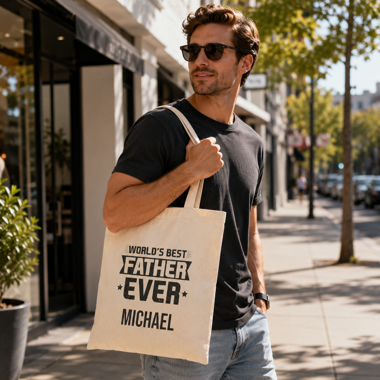 World's Best Father tote design close-up with star accents