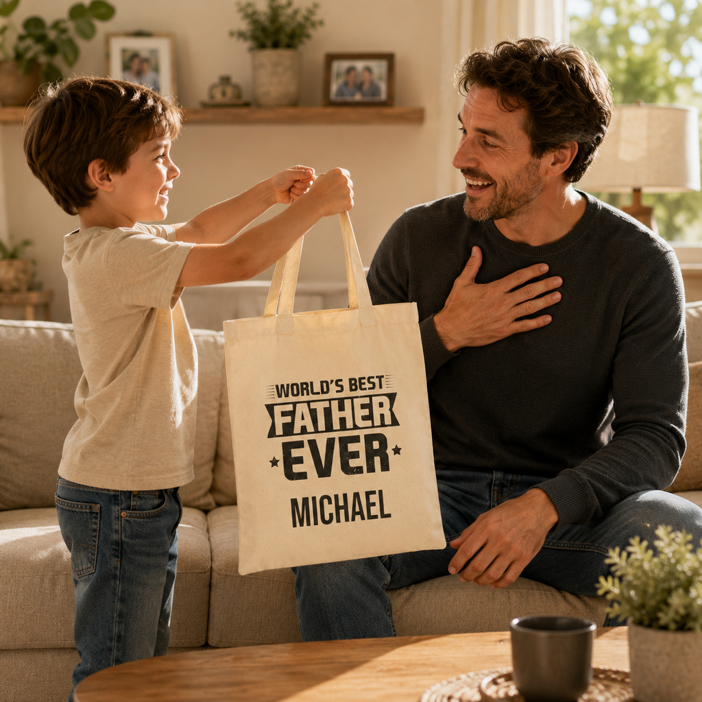 World's Best Father personalized tote shown held by the handles