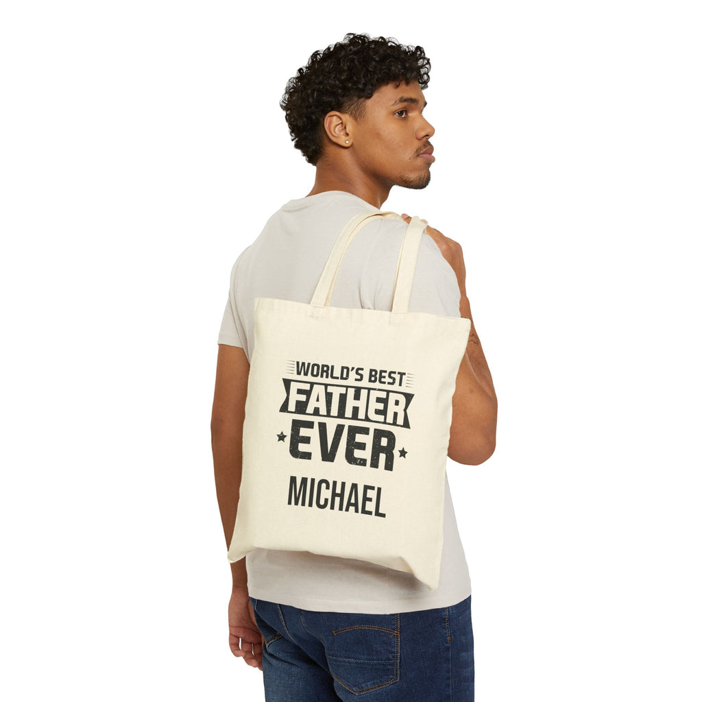 Natural canvas World's Best Father tote bag in a home setting