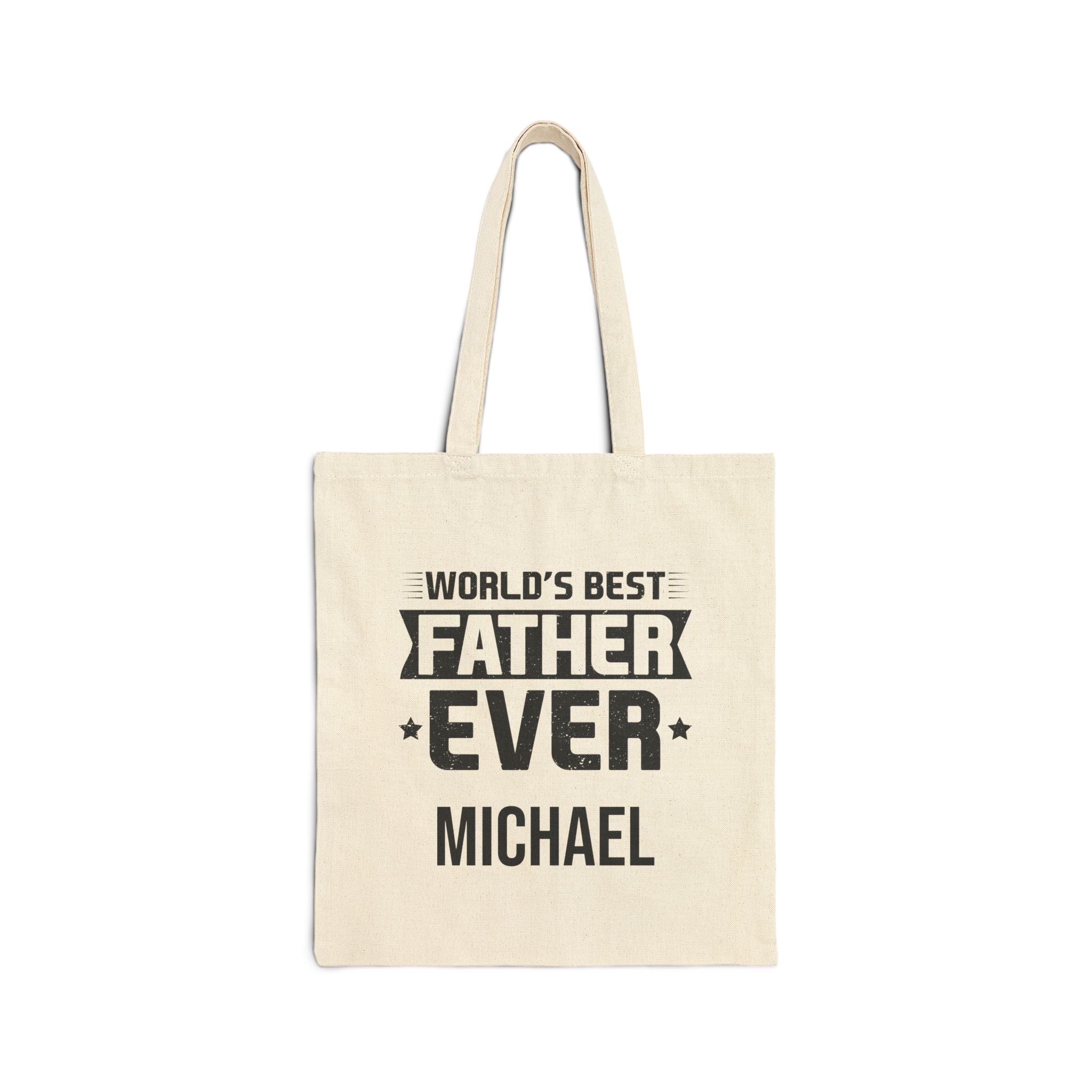 Personalized World's Best Father Ever canvas tote bag with bold lettering and custom name