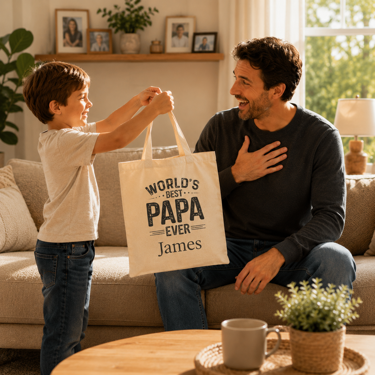 World's Best Papa personalized tote shown held by the handles