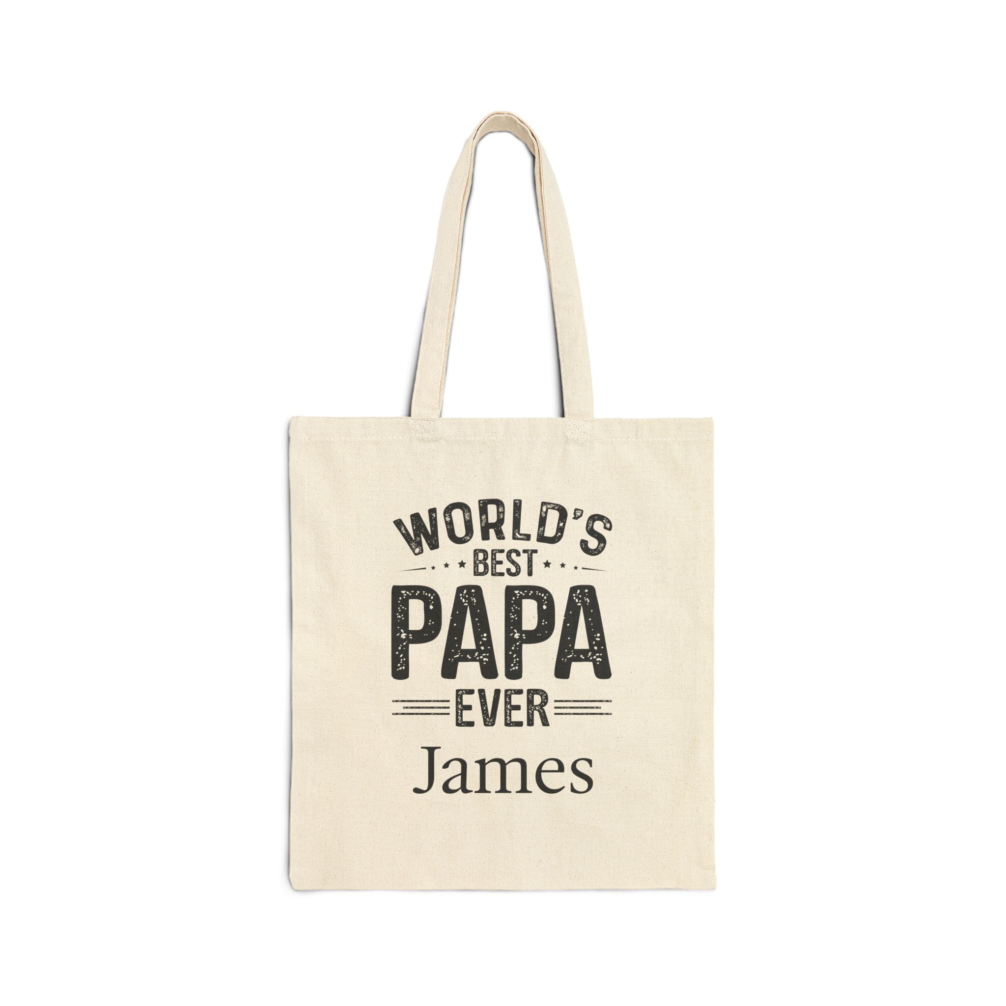 Personalized World's Best Papa Ever canvas tote bag with distressed lettering and custom name