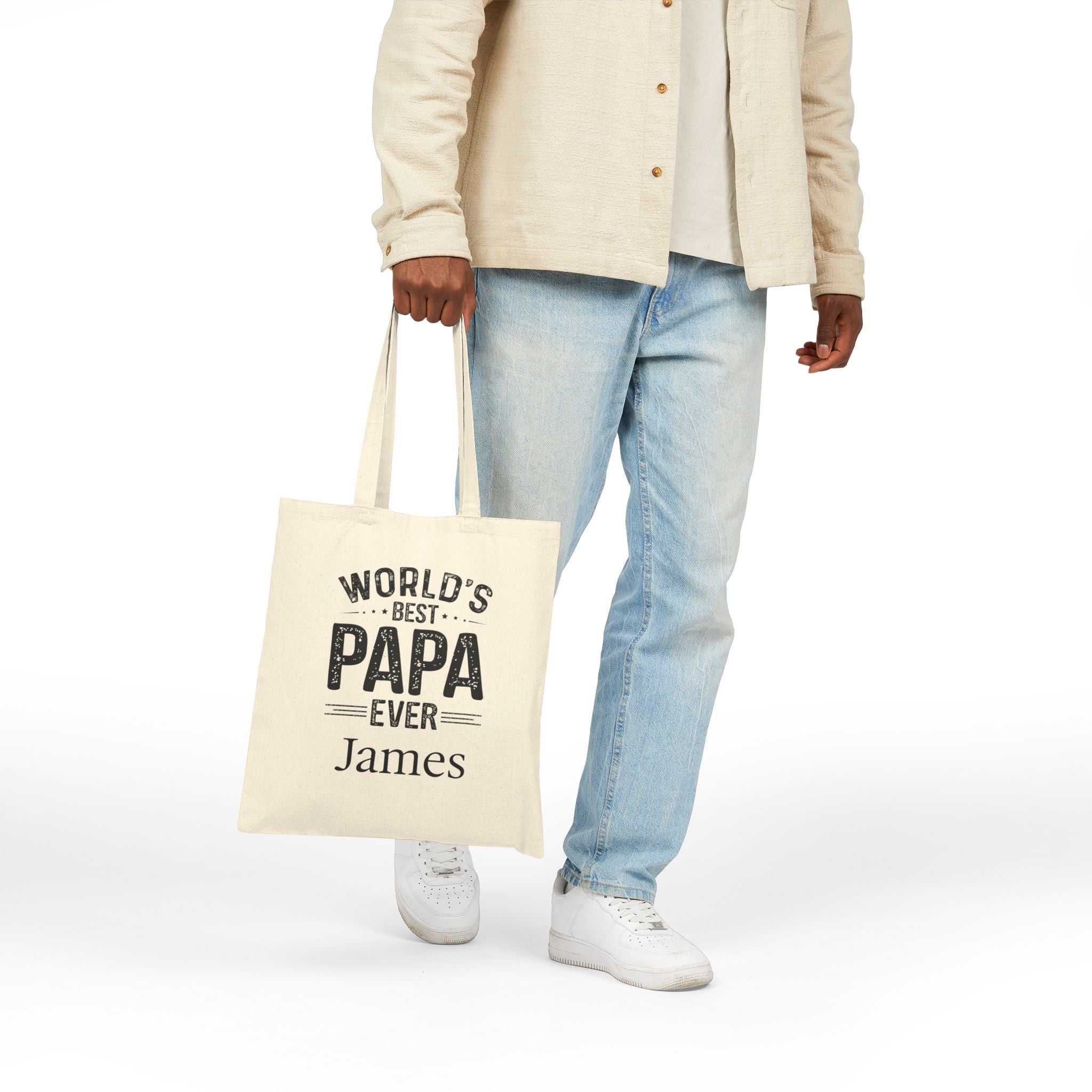 World's Best Papa tote bag carried on the shoulder