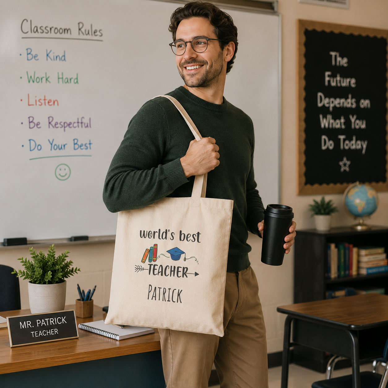 World's Best Teacher tote design close-up with books and grad cap